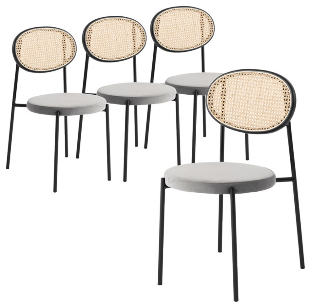 LeisureMod Euston Dining Chair with Wicker Back  ampVelvet Seat Set of 4 Gray   Tropical   Dining Chairs   by Homesquare  Houzz