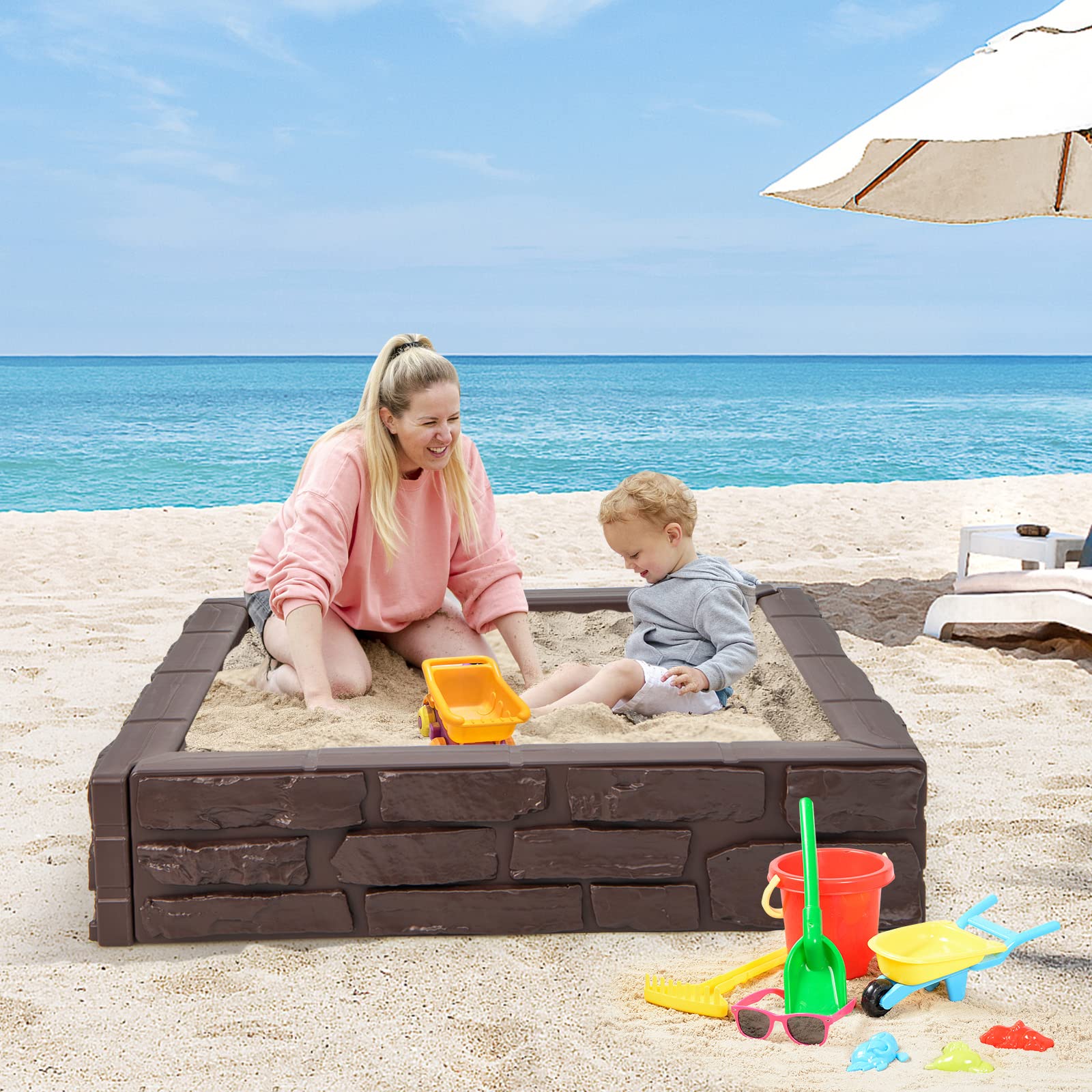 Costzon Kids Sandbox with Cover, 47” x 47” HDPE Sandpit with Oxford Cover, Bottom Liner