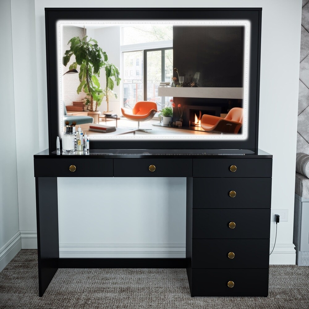 Boahaus Theia Modern Black Vanity Desk  7 Drawers