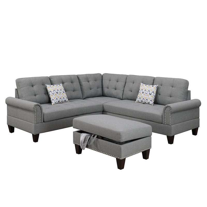 Poundex 3 Piece Fabric Sectional Sofa Set with Storage Ottoman in Gray