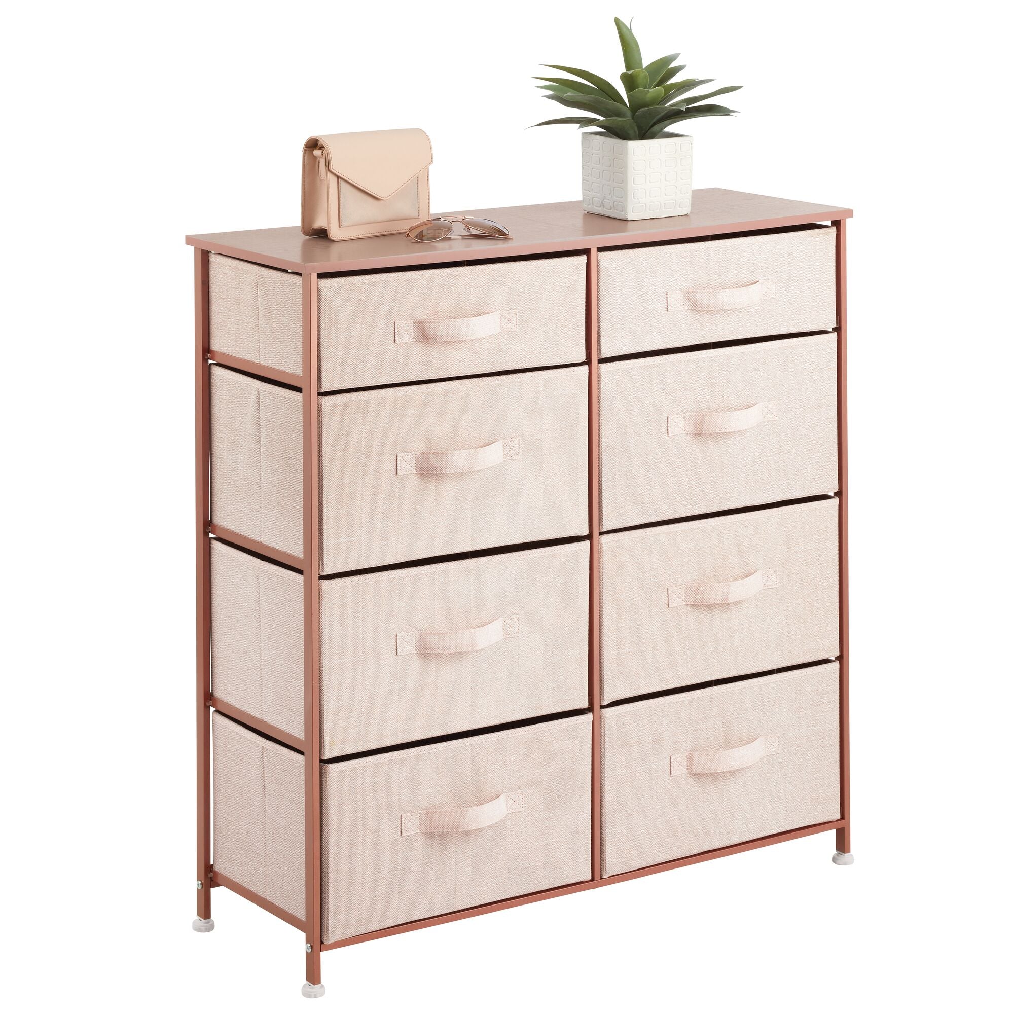 mDesign Tall Steel Frame/Wood Top Storage Dresser Furniture Unit with 8 Slim Removable Fabric Drawers, Large Bureau Organizer for Bedroom, Living Room, Closet - Lido Collection, Light Pink/Rose Gold