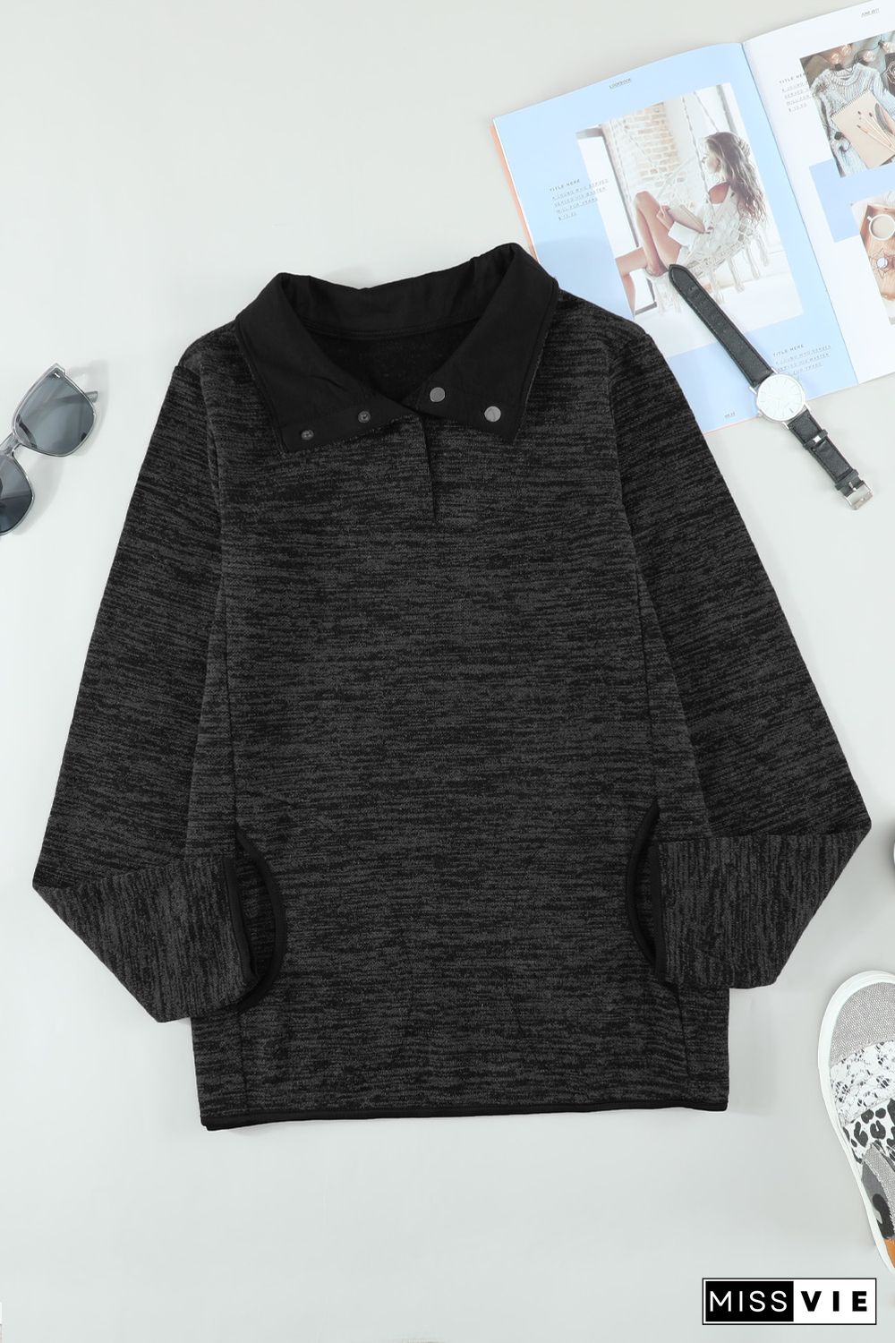 Black Heathered Turn-down Collar Pullover Sweatshirt