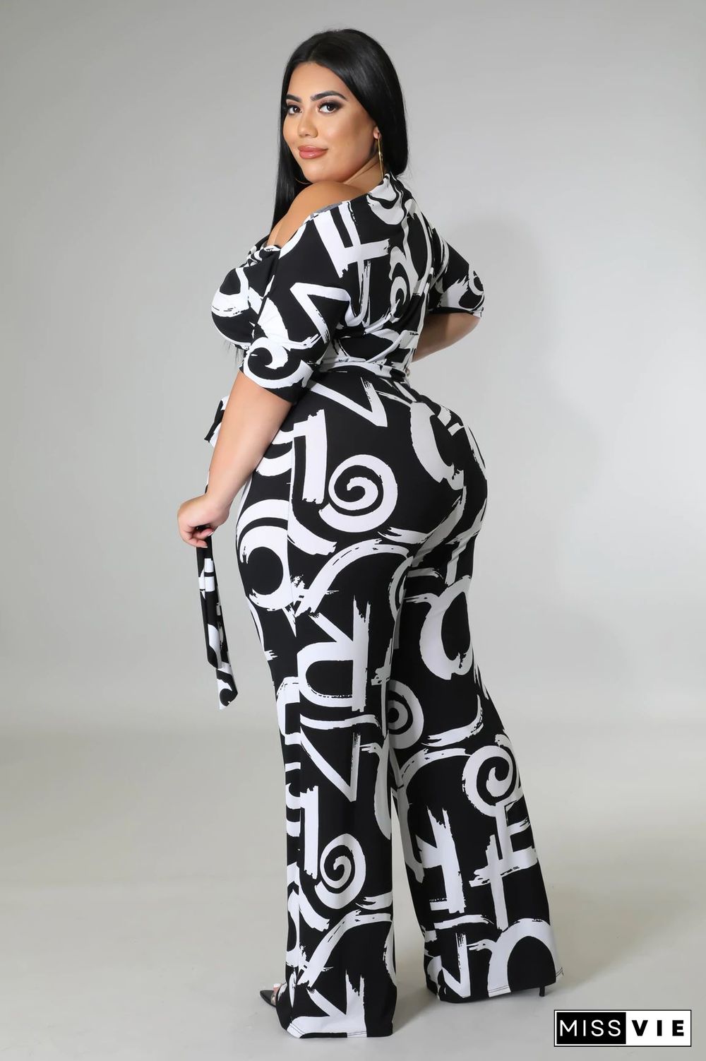 Off-the-shoulder Printed Plus Size Wide Leg Jumpsuit