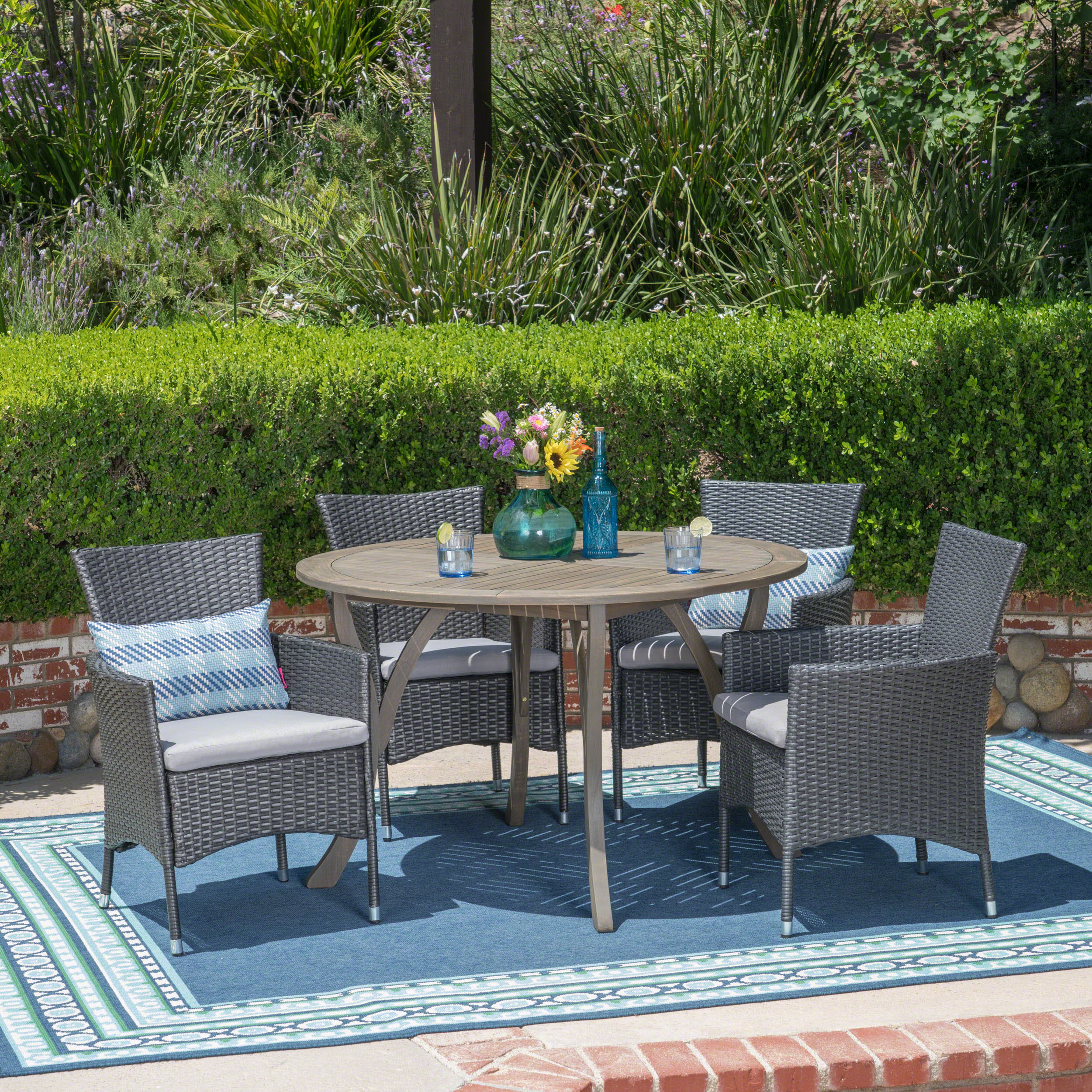 Valena Outdoor 5 Piece Acacia Wood and Wicker Dining Set