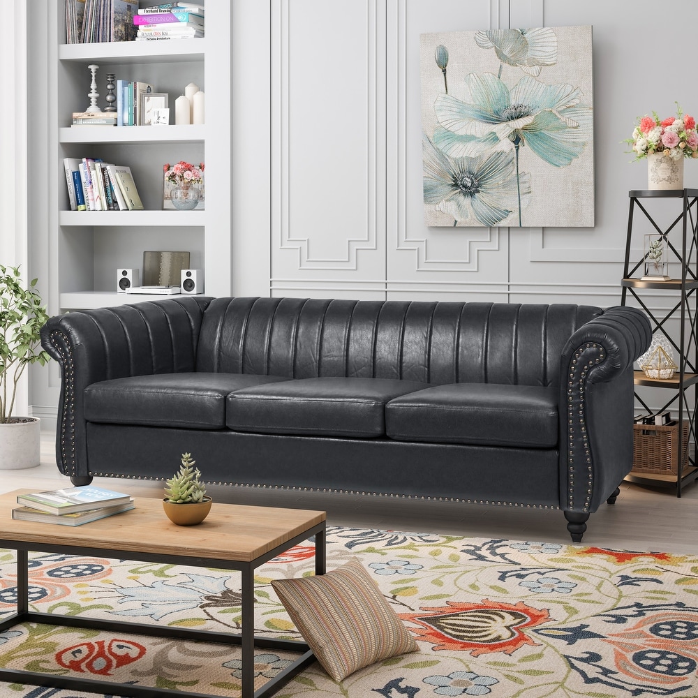 Modern PU Rolled Arm Chesterfield Three Seater Sofa