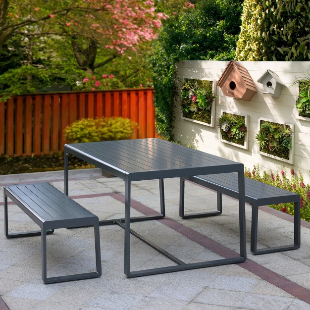 Aoodor Outdoor 3 piece Aluminum Picnic Table Set Rectangular Patio Dining Table With Benches