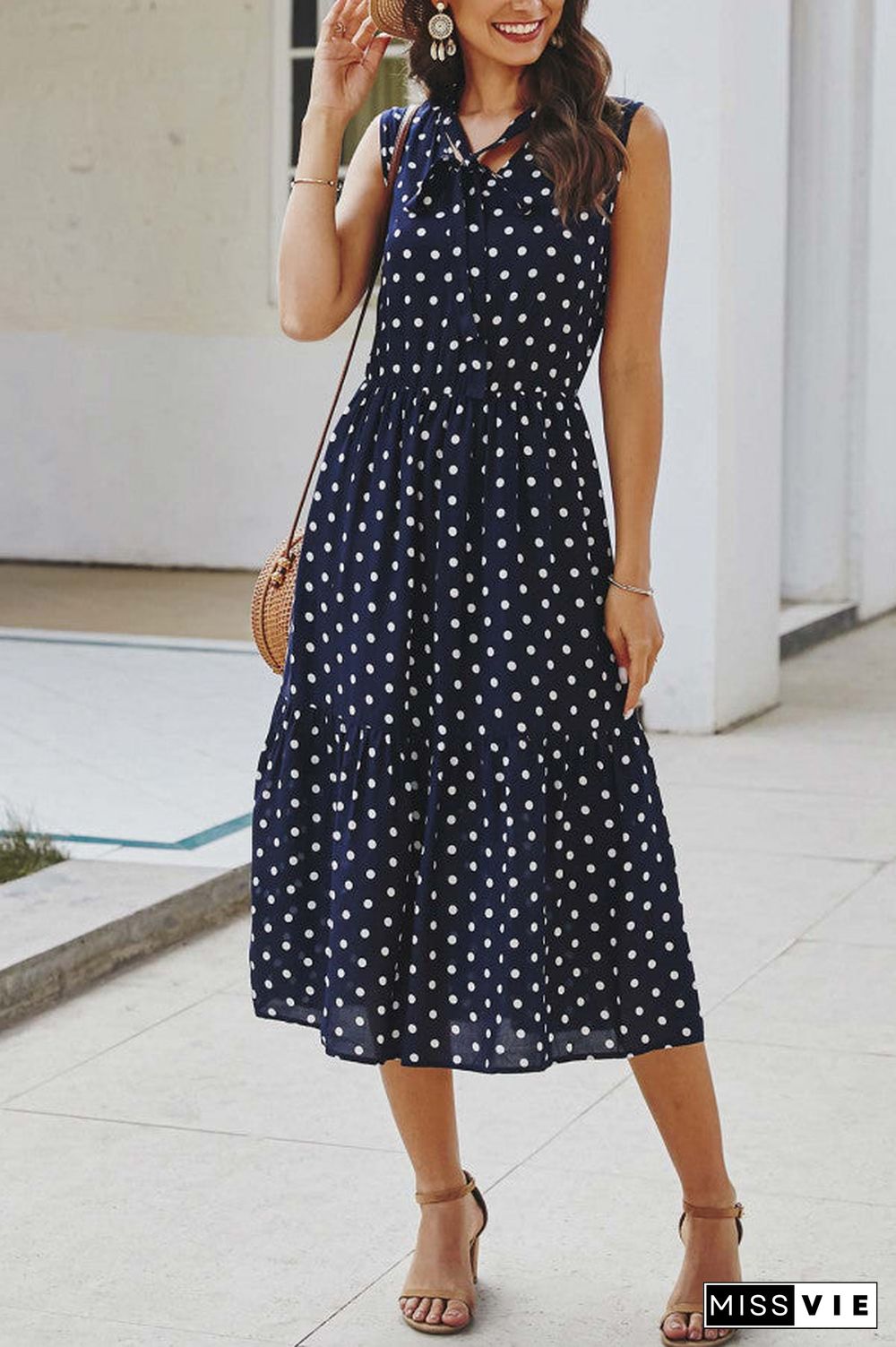 Polka Dot Tie Neck Sleeveless Dress