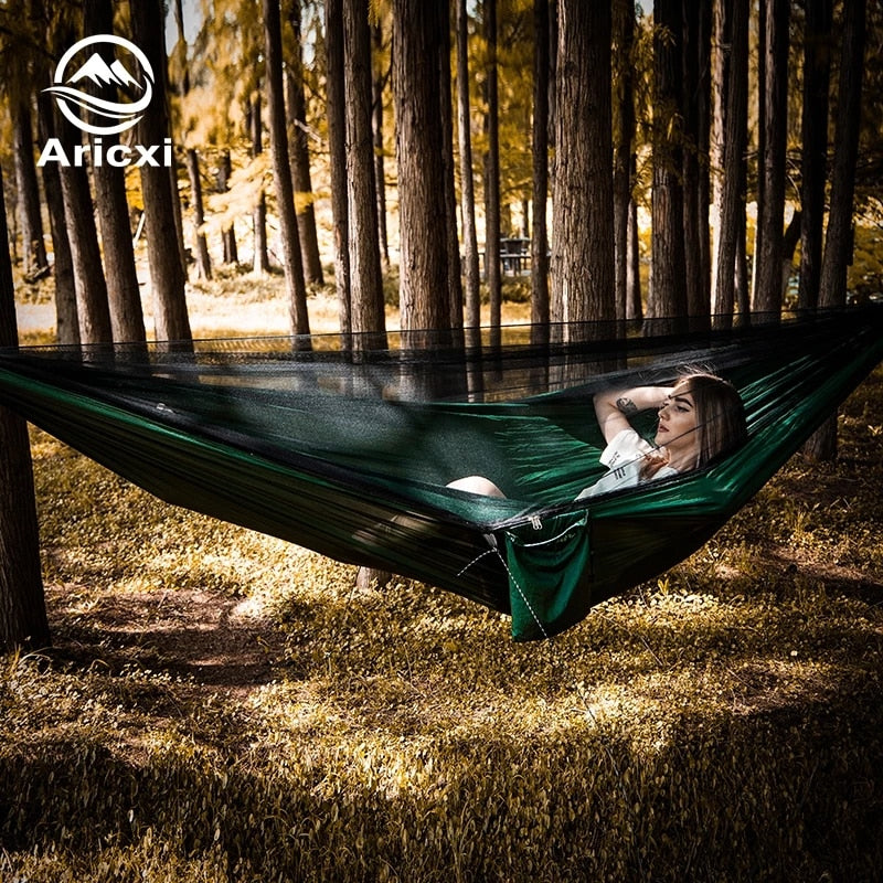 Aricxi Outdoor Portable Camping Hammock Folding Backyard Parachute Rope Hammock Garden Wooden Hammock Mosquito Net