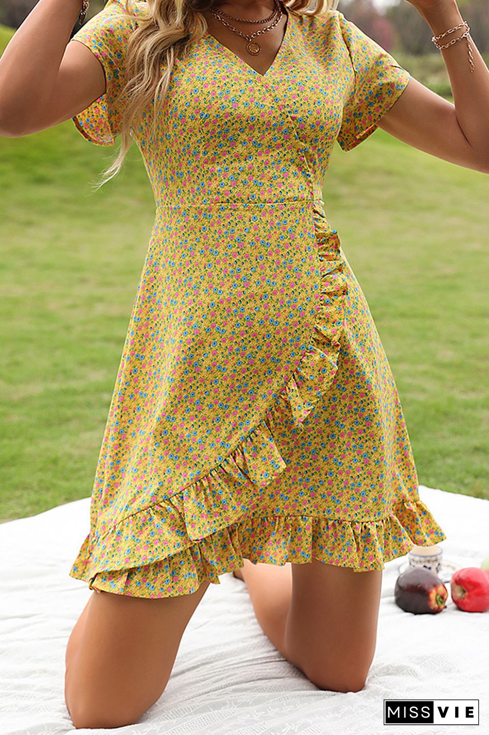 Yellow Floral V Neck Ruffles Mini Dress