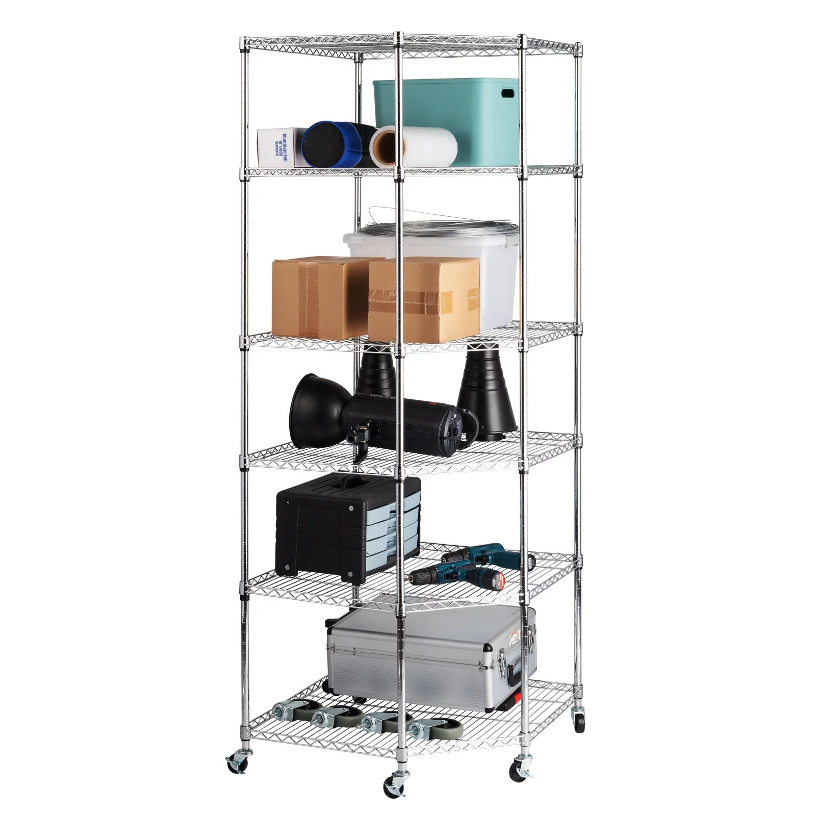 Zimtown 6-Tire Heavy Duty Wire Garage Storage Rack, Steel Corner Shelving with Wheels, Silver