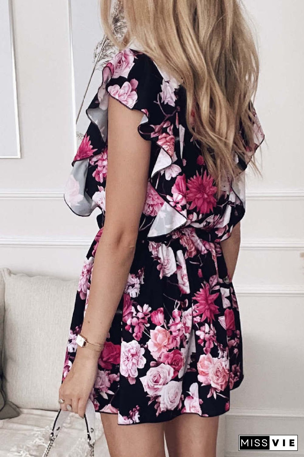 Fashion Elegant Floral Frenulum Flounce V Neck Waist Skirt Dresses