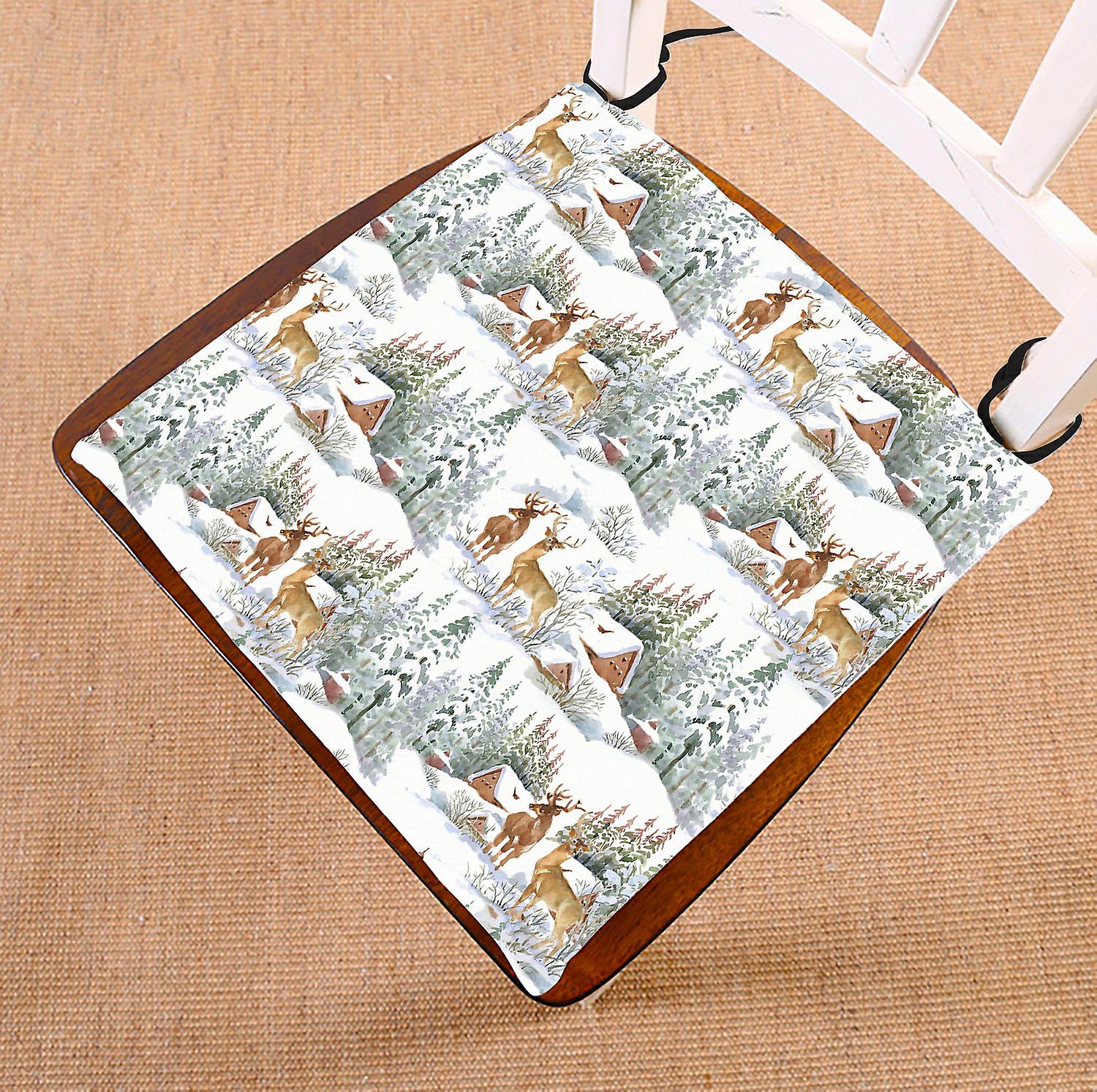 Cute Animal Chair Pad， Watercolor Winter Landscape With Deers Seat Cushion Chair Cushion Floor Cushion 40x40 Cm