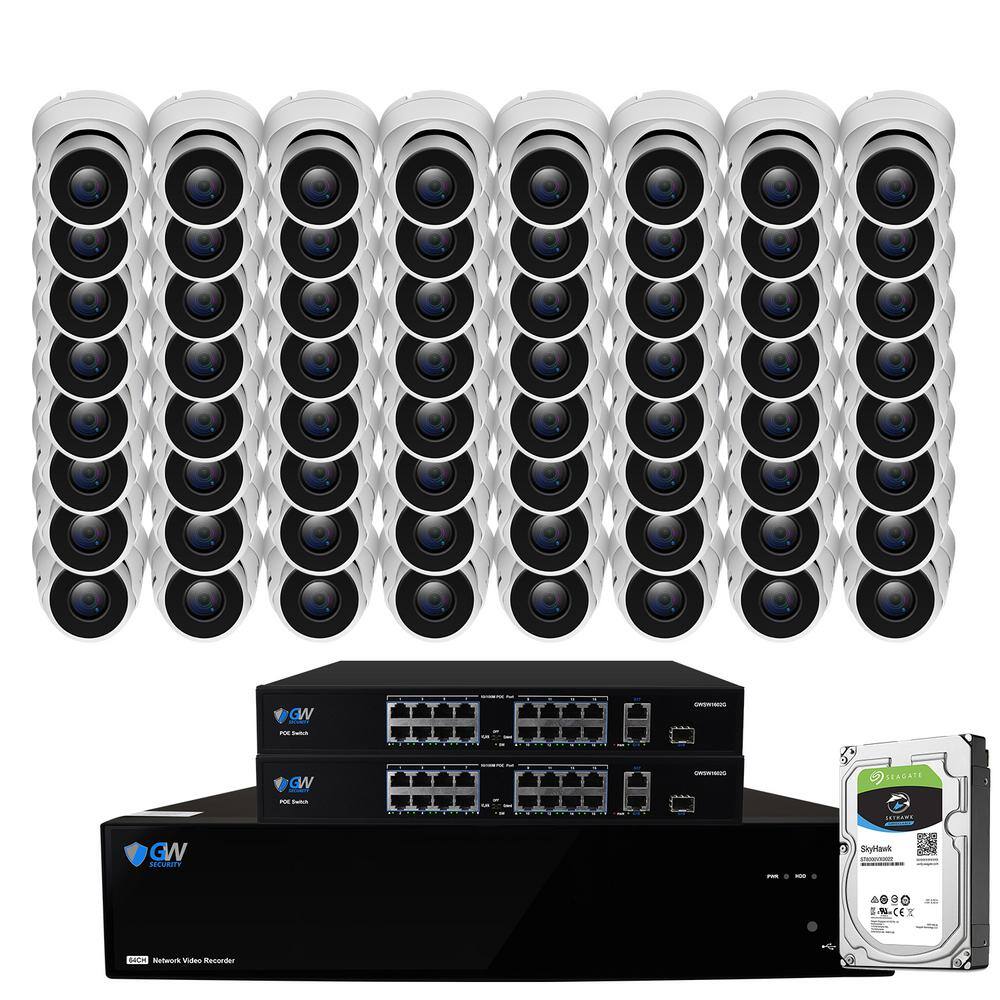 GW Security 64-Channel 8MP 16TB NVR Smart Security Camera System w64 Wired Turret Cameras 3.6 mm Fixed Lens Artificial Intelligence GW8536MIC64-16T