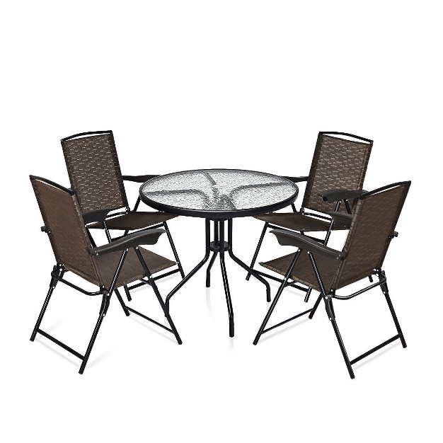 Costway 5pc Bistro Outdoor Patio Furniture Set Glass Table W 4 Folding Adjustable Chairs