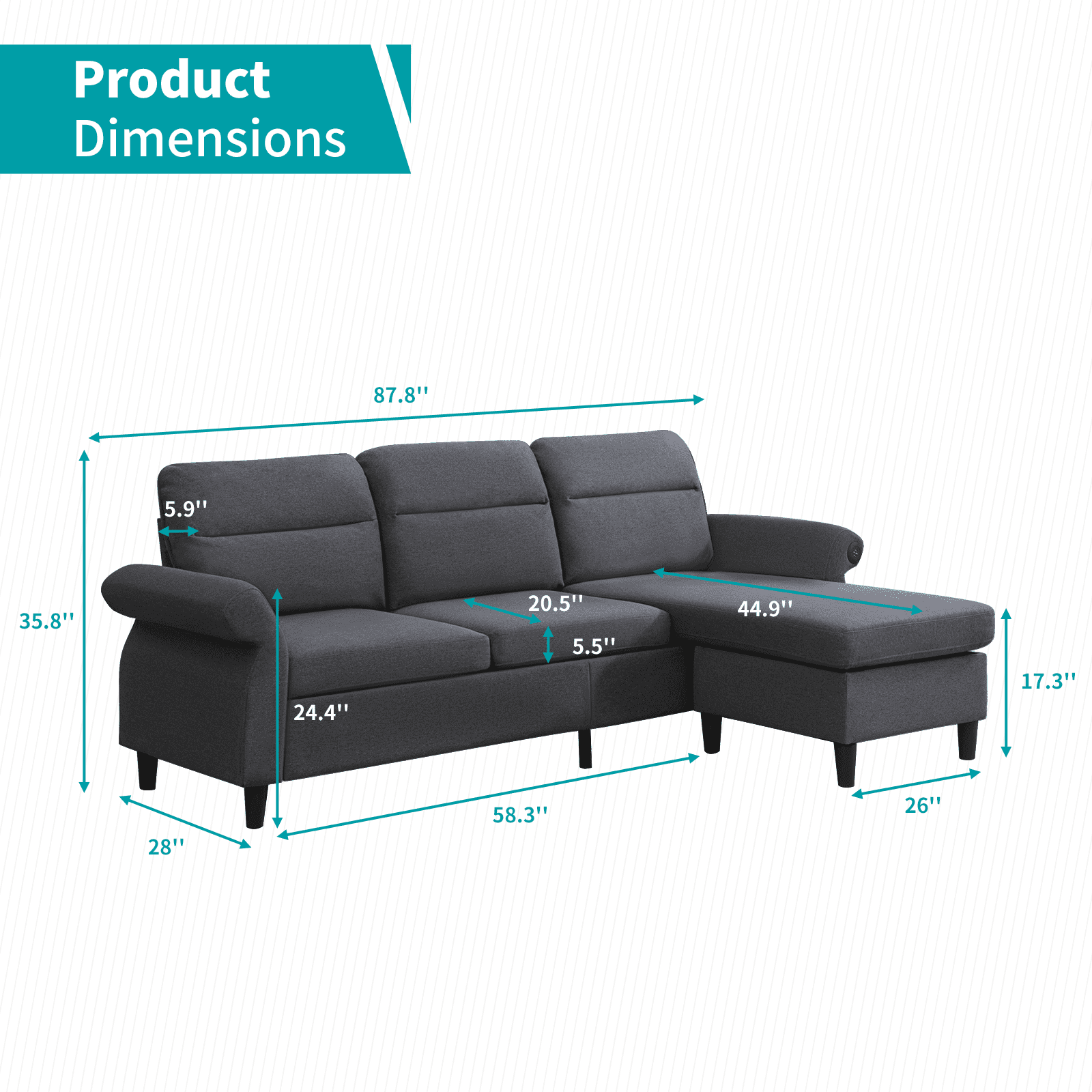 BALUS Convertible Sectional Sofa Couch with 2 USB Ports and Adjustable Armrest, 86