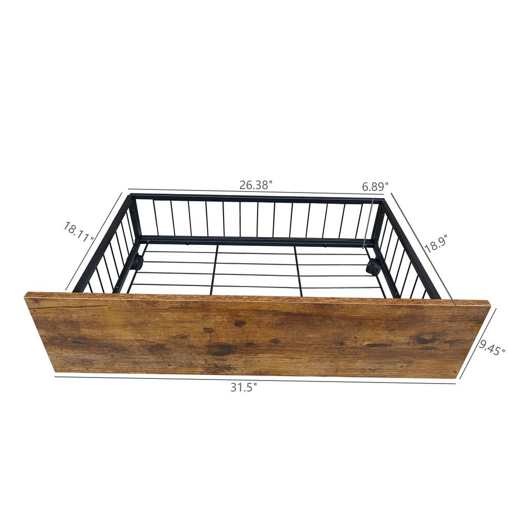 Rustic Bookcase Bed Frame with Power Outlets + 2 Storage Drawers 