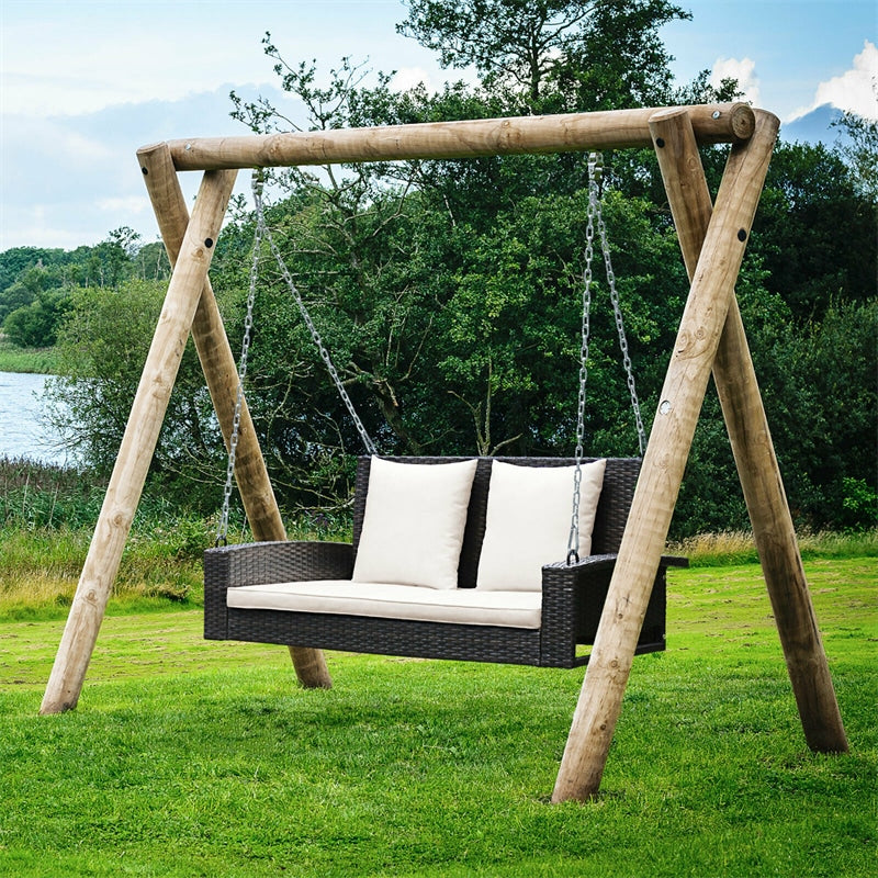 2-Person Outdoor Wicker Hanging Porch Swing Bench with Seat & Back Cushions