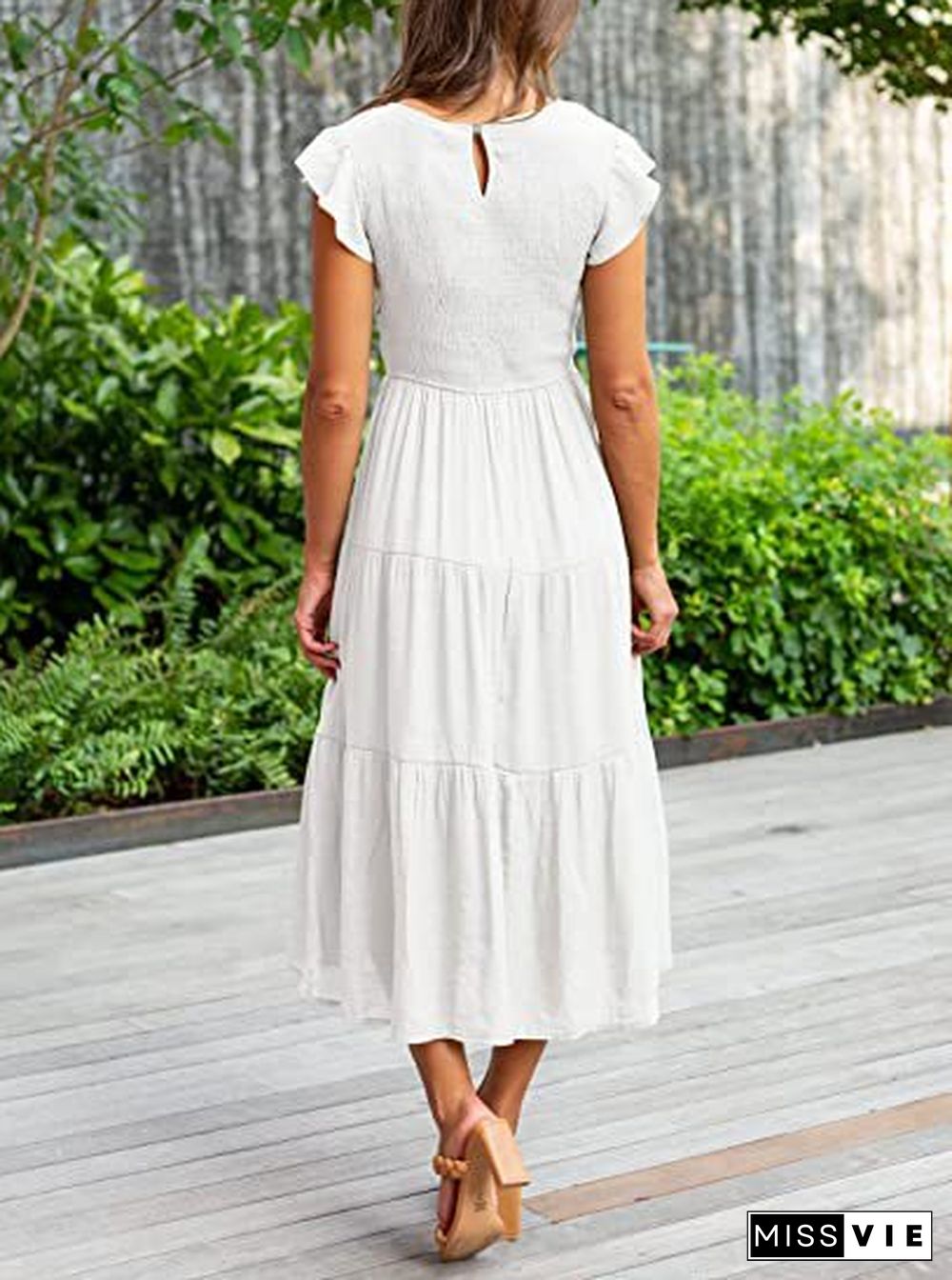 Solid Color Round Neck Cap Sleeve Loose Maxi Dress