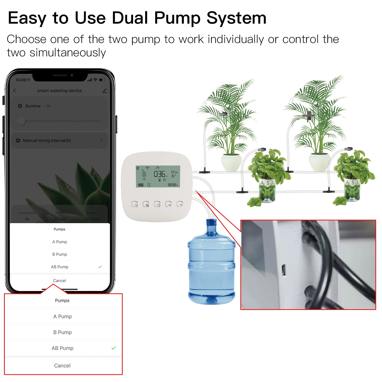 Automatic Watering System Smart Watering Device Dual Pump System Wifi/ Voice/ Manual Control Programmable Watering Time Built-In Battery Usb Charging Compatible With; Home For Home Office H