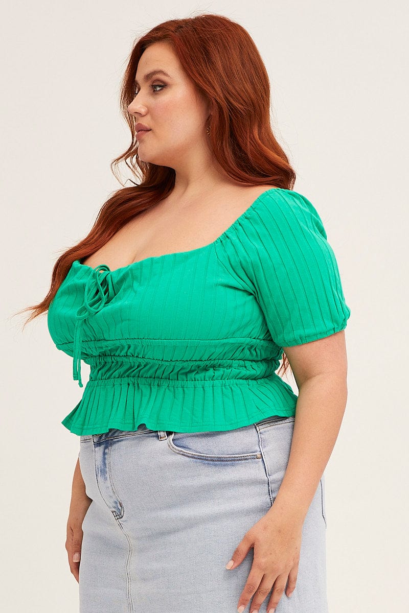 Green Short Sleeve Rib Jersey Peplum Top