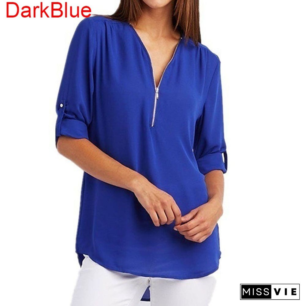 Plus Size Women's Fashion Chiffon Shirt V-neck Long Sleeve Loose Tops Zipper T-Shirt( S-4XL)