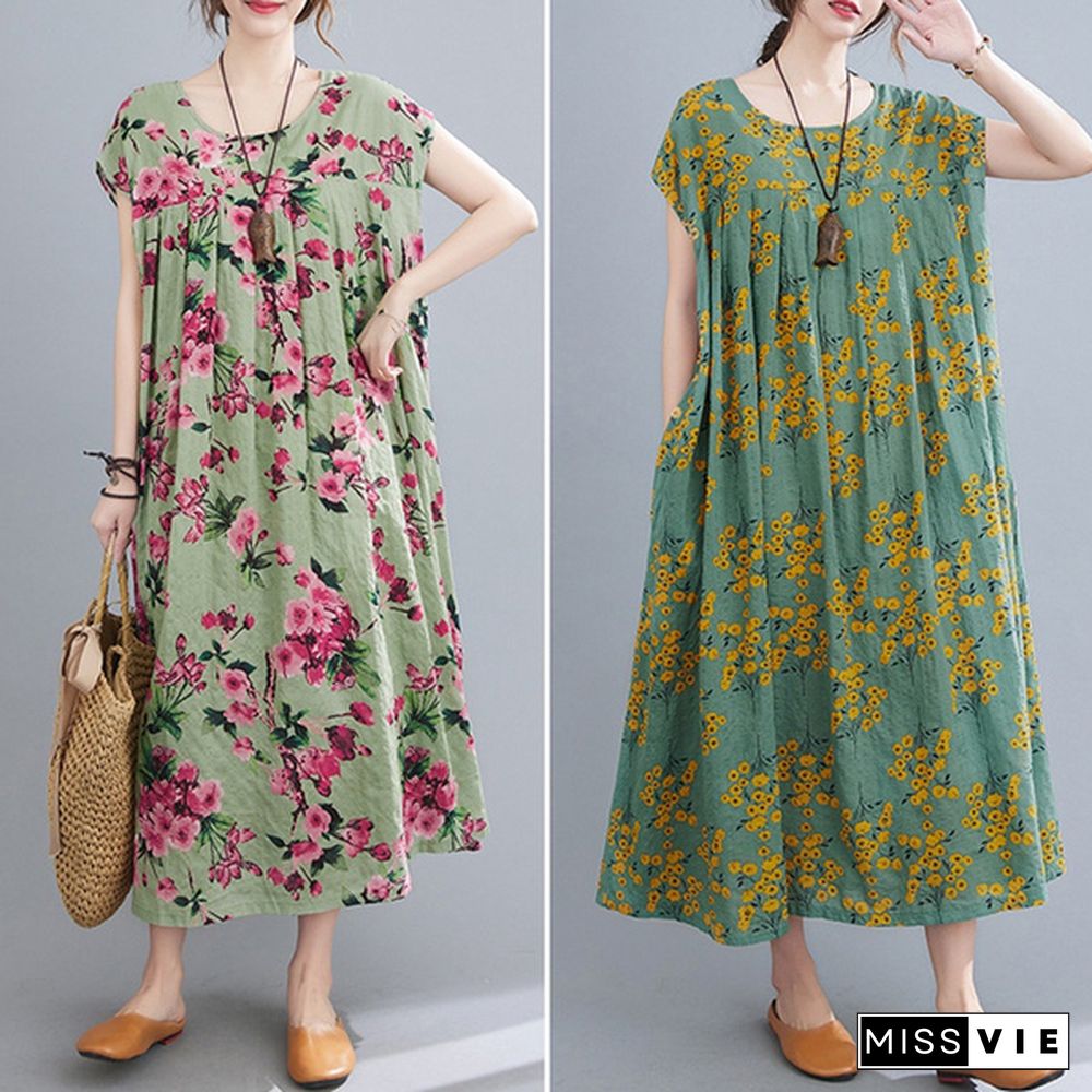 Oversized Retro Summer Short Sleeve Kaftan Casual Floral Printed Bohemian Long Maxi Shirt Dress Holiday