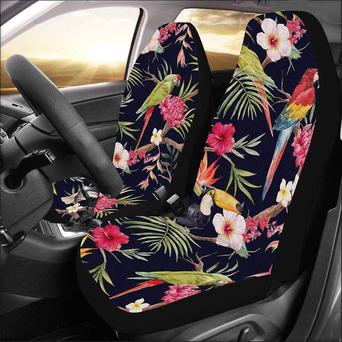 Set Of 2 Car Seat Covers Hawaiian Hibiscus Flowers Tropical Plants Parrot Universal Auto Front Seats Protector Fits For Car，suv Sedan，truck