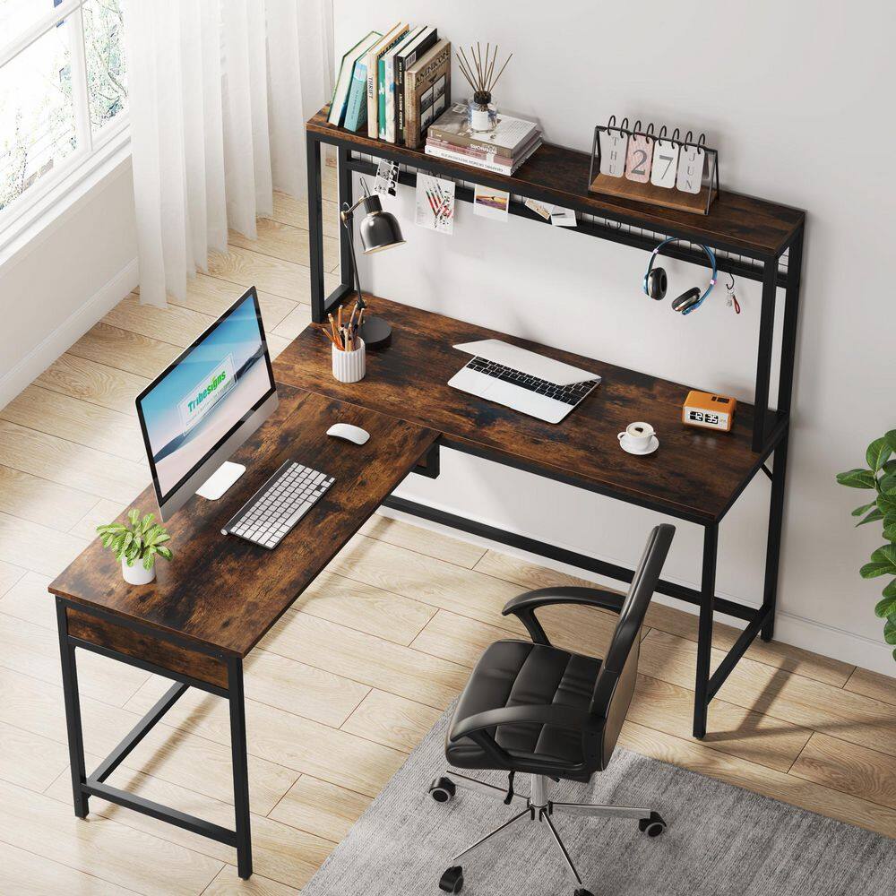 TRIBESIGNS WAY TO ORIGIN Perry 55 in. L-Shaped Brown Wood Computer Desk with Hutch and Adjustable Lift Top J-G393