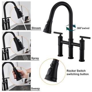 Boyel Living Double Handle Bridge Pull-Down Kitchen Faucet with 3-Spray Patterns and 360 Degrees Rotation Spout in Matte Black BL-KF02MB