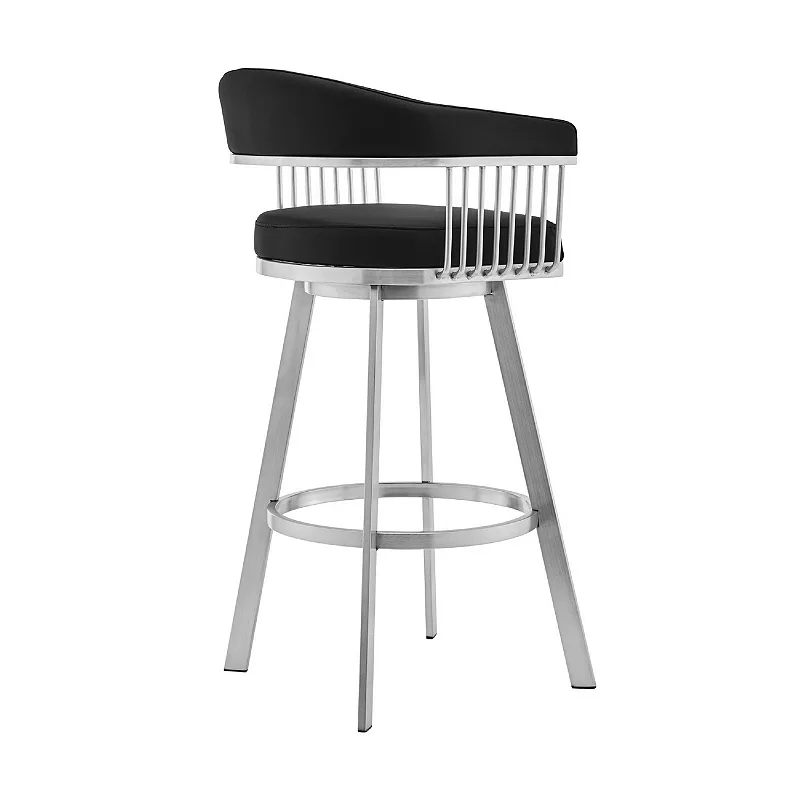 Swivel Barstool with Open Frame and Slatted Metal Arms， Black and Silver