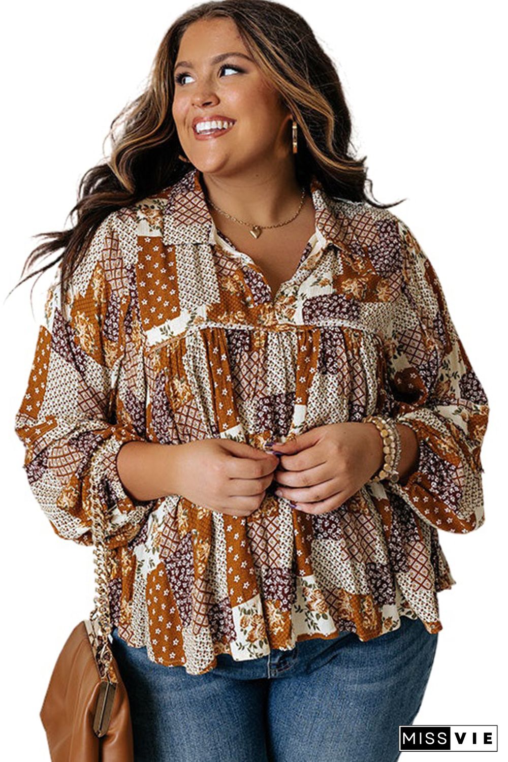 Apricot Turn-down Neck Mixed Print Plus Size Shirt