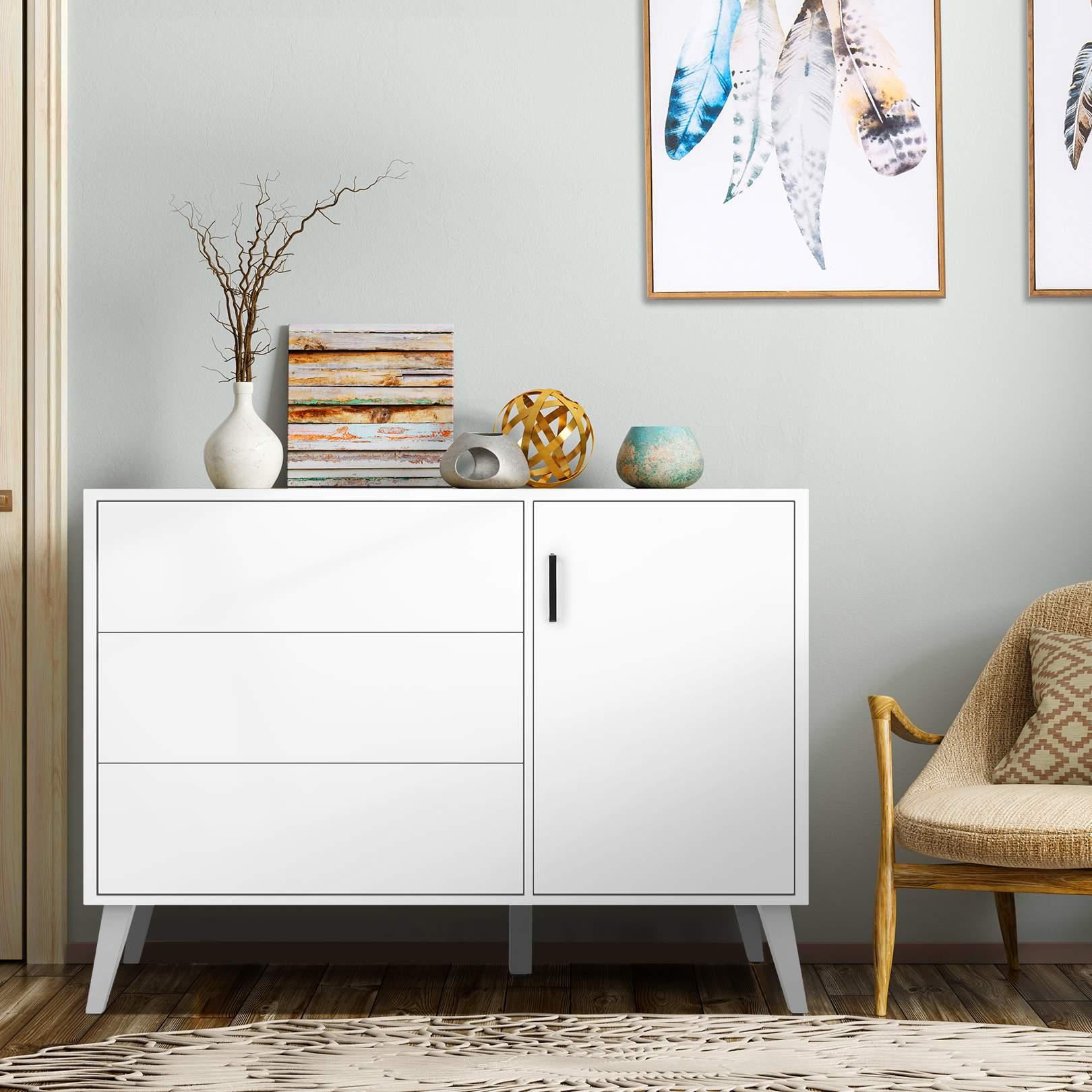 SEJOV 3-Drawer Horizontal Dresser with door for Living Room, Bedroom, Home Office,White