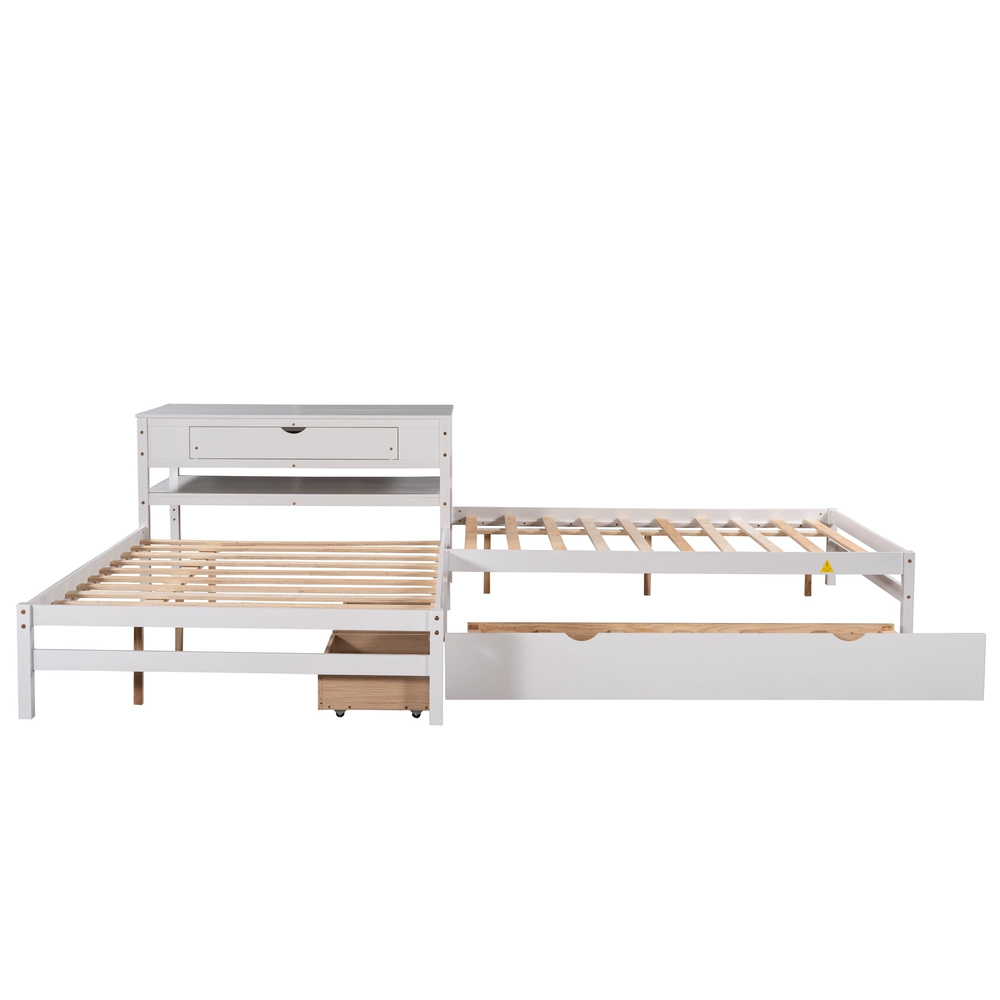 Full L-Shaped Platform Beds with Trundle, Drawers and Table for Kids Bedroom, White