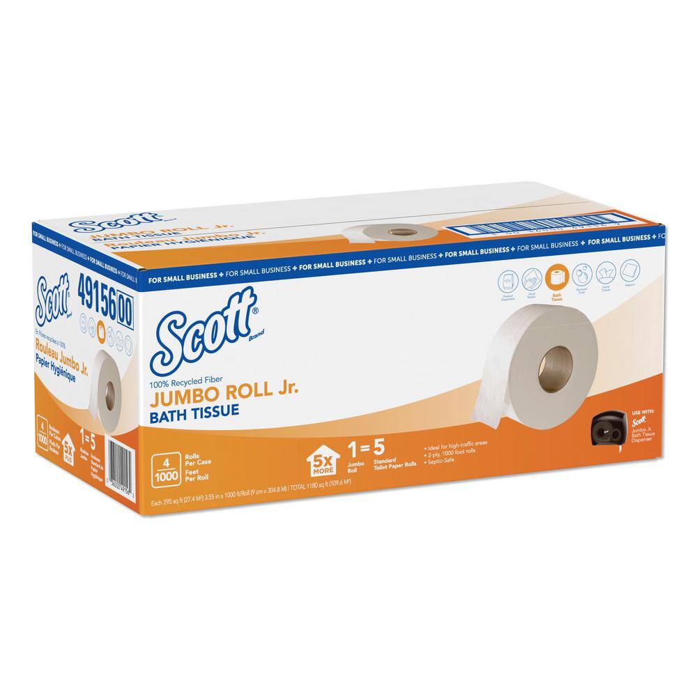 Scott Essential 100% Recycled Fiber JRT Toilet Paper Septic Safe 2-Ply White 1000 ft 4 RollsCarton KCC49156