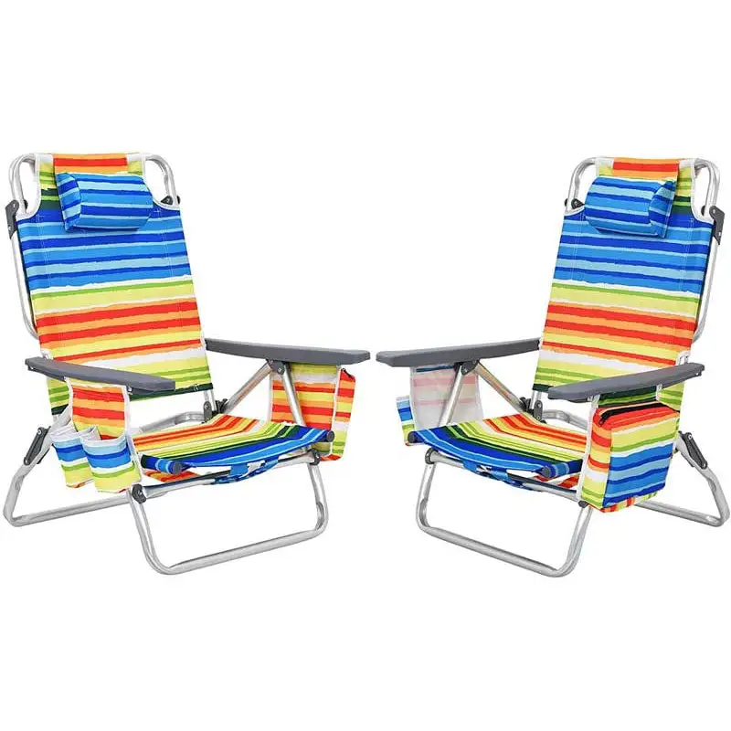 2 Pcs Folding Backpack Beach Chairs 5-Position Adjustable Outdoor Camping Chairs with Cooler Bag & Cup Holder