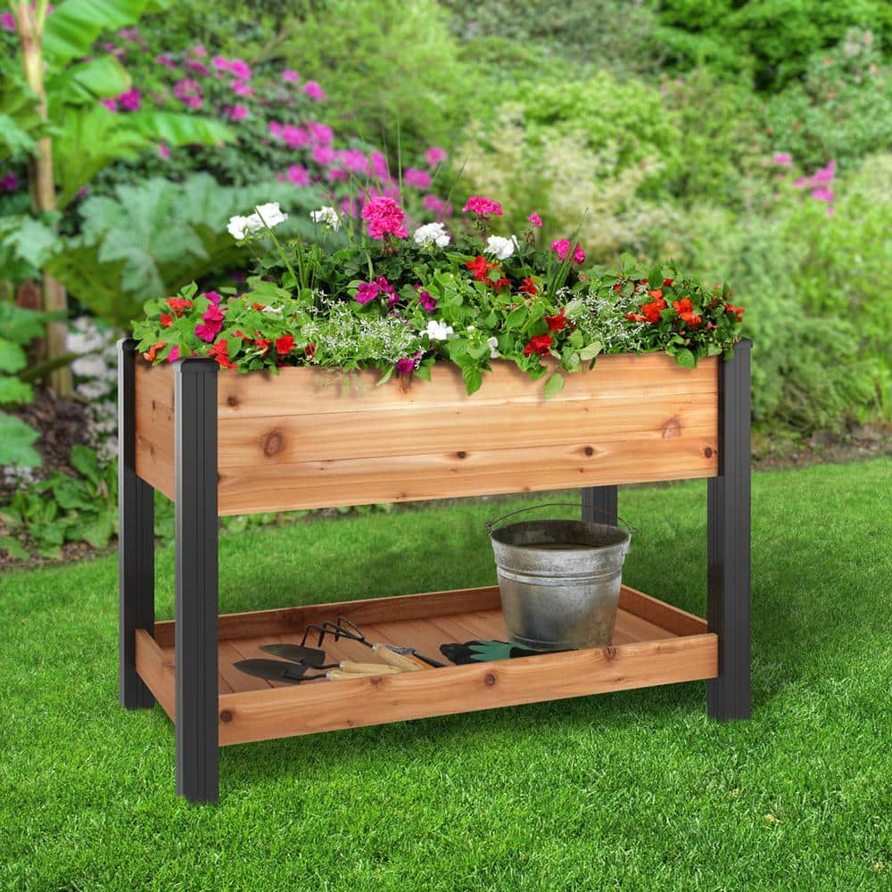 Vigoro 2 ft. x 4 ft. Elevated Cedar Garden Bed with Shelf (Vinyl Legs) 445190