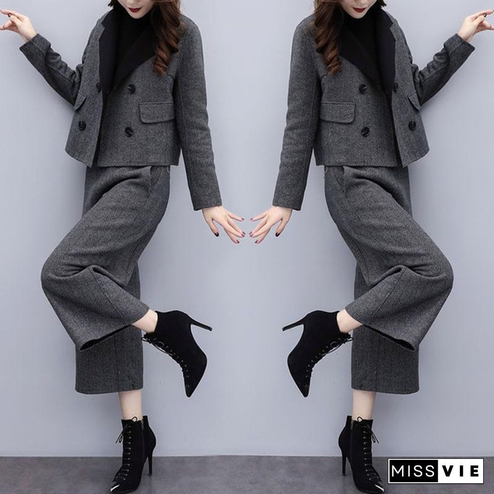 Autumn Winter Woolen Two Piece Sets Outfits Women Plus Size Short Coat And Wide Leg Pants Suits Elegant Office Korean Sets