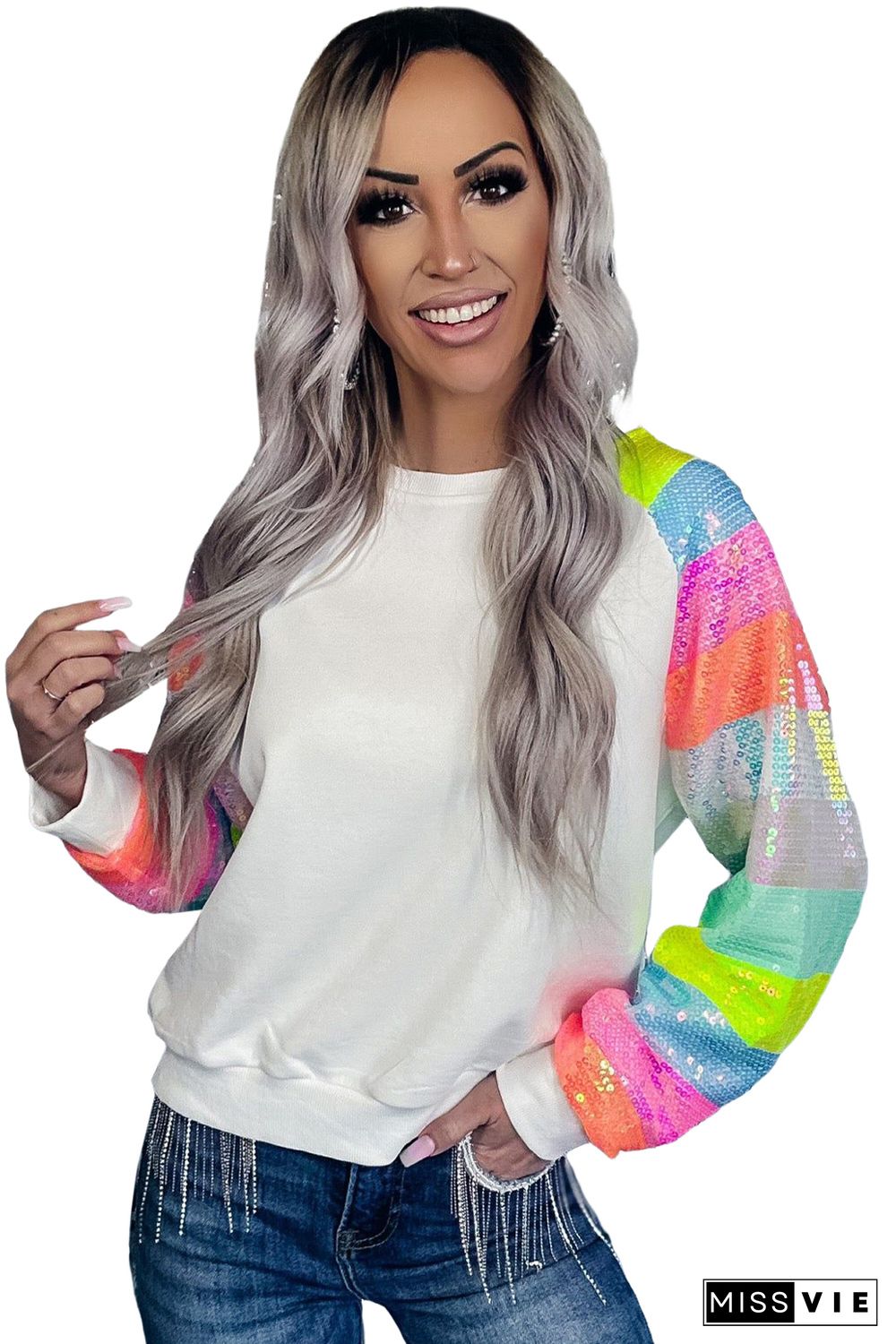 White Sequin Color Block Raglan Sleeve Pullover Sweatshirt