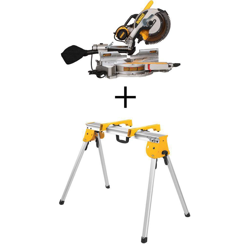 DW 15 Amp Corded 12 in. Double Bevel Sliding Compound Miter Saw Blade Wrench Material Clamp and Heavy-Duty Work Stand DWS779WDWX725B