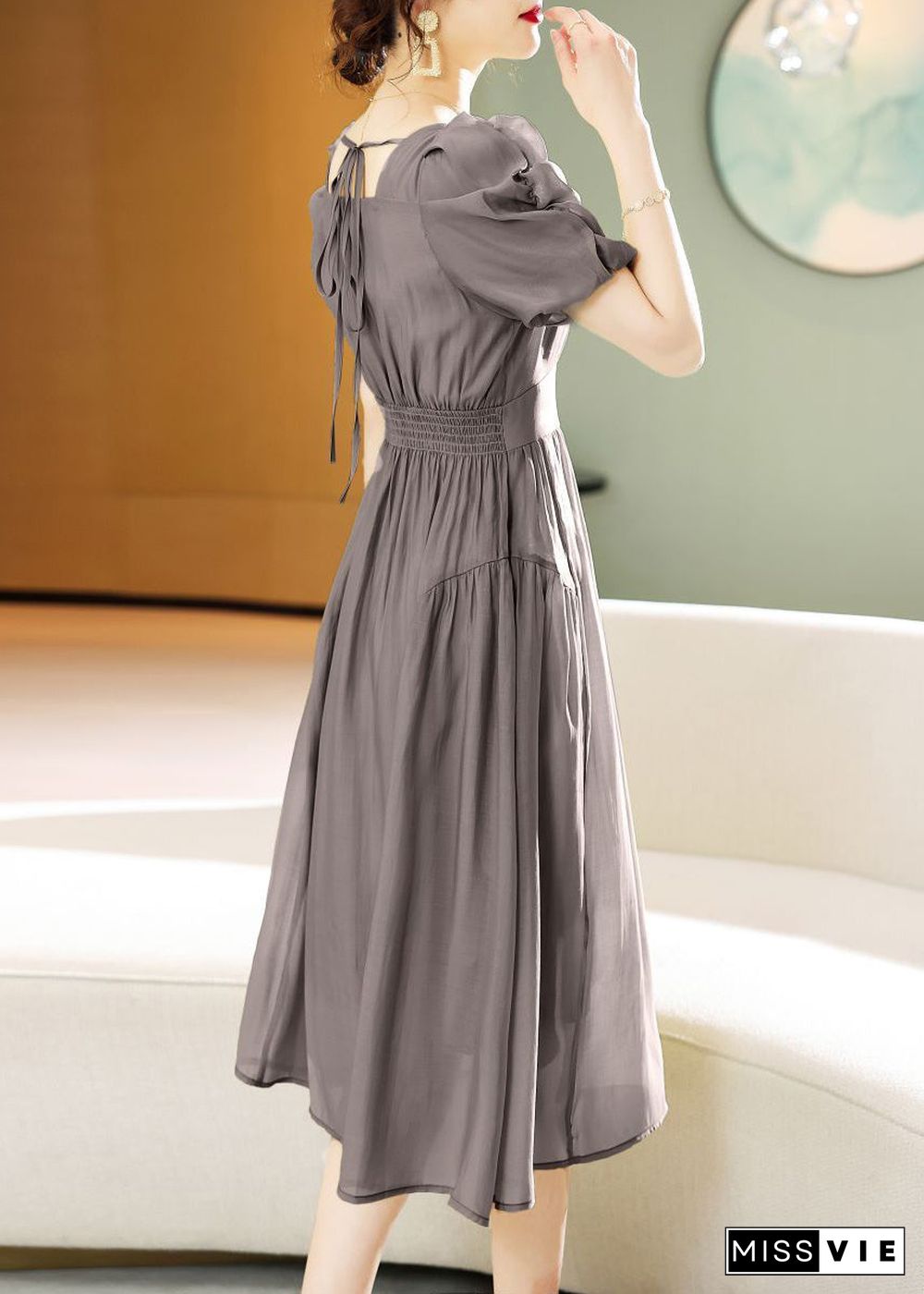 New Grey Lace Up Patchwork Chiffon Dress Short Sleeve