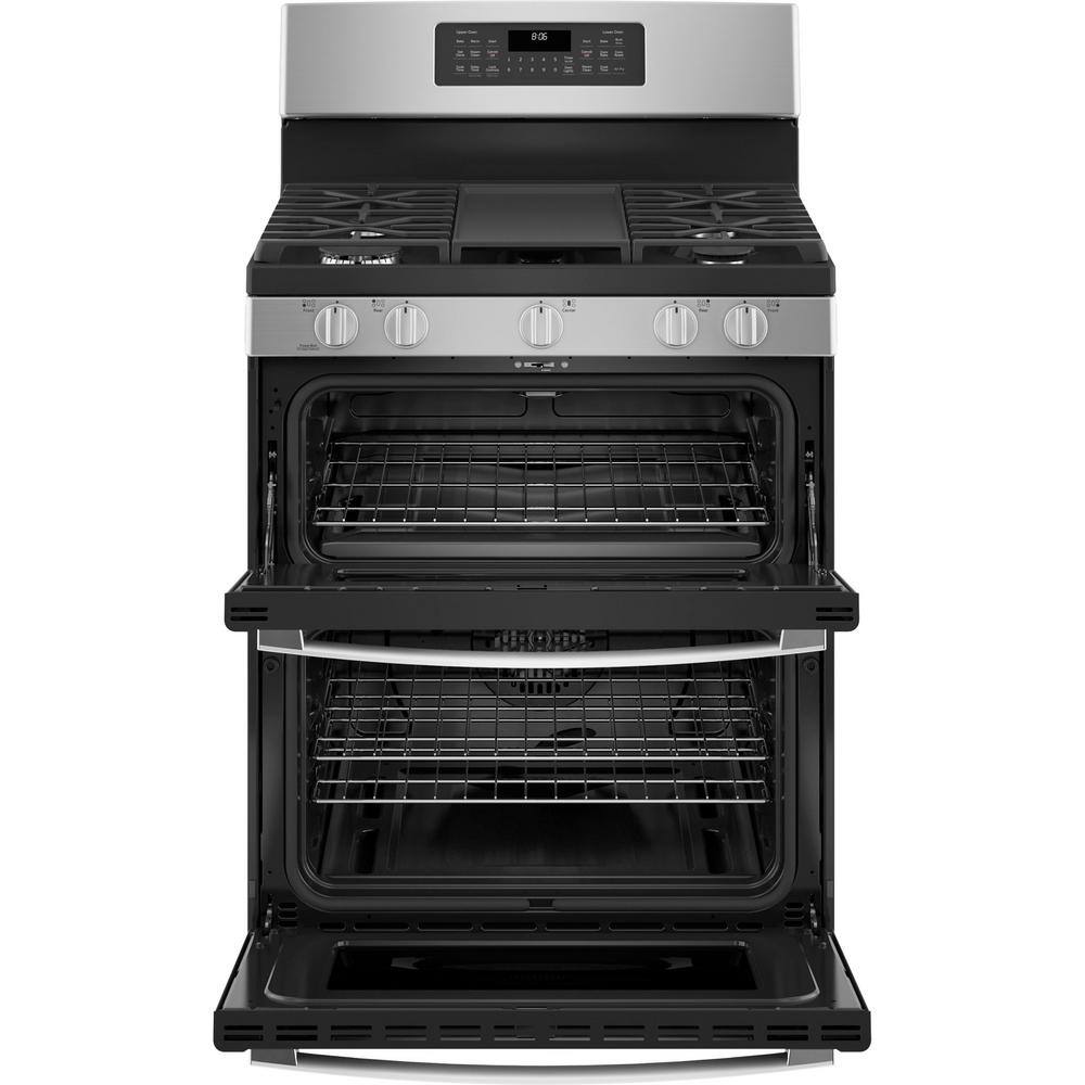 GE 30 in. 6.8 cu. ft. Freestanding Double Oven Gas Range in Stainless Steel with Convection and Air Fry JGBS86SPSS