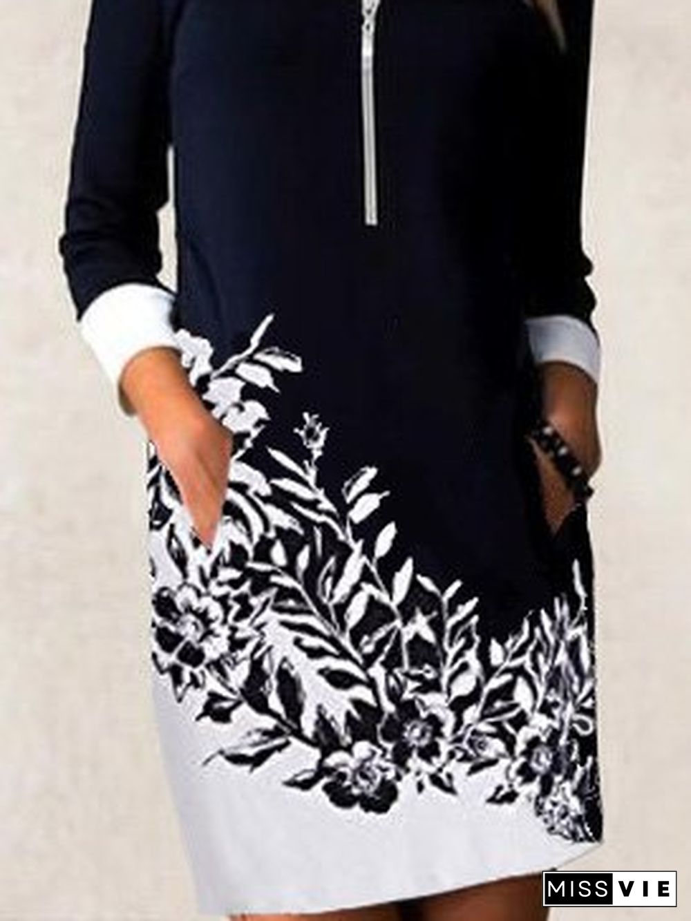 Zipper collar patchwork print long sleeve dress