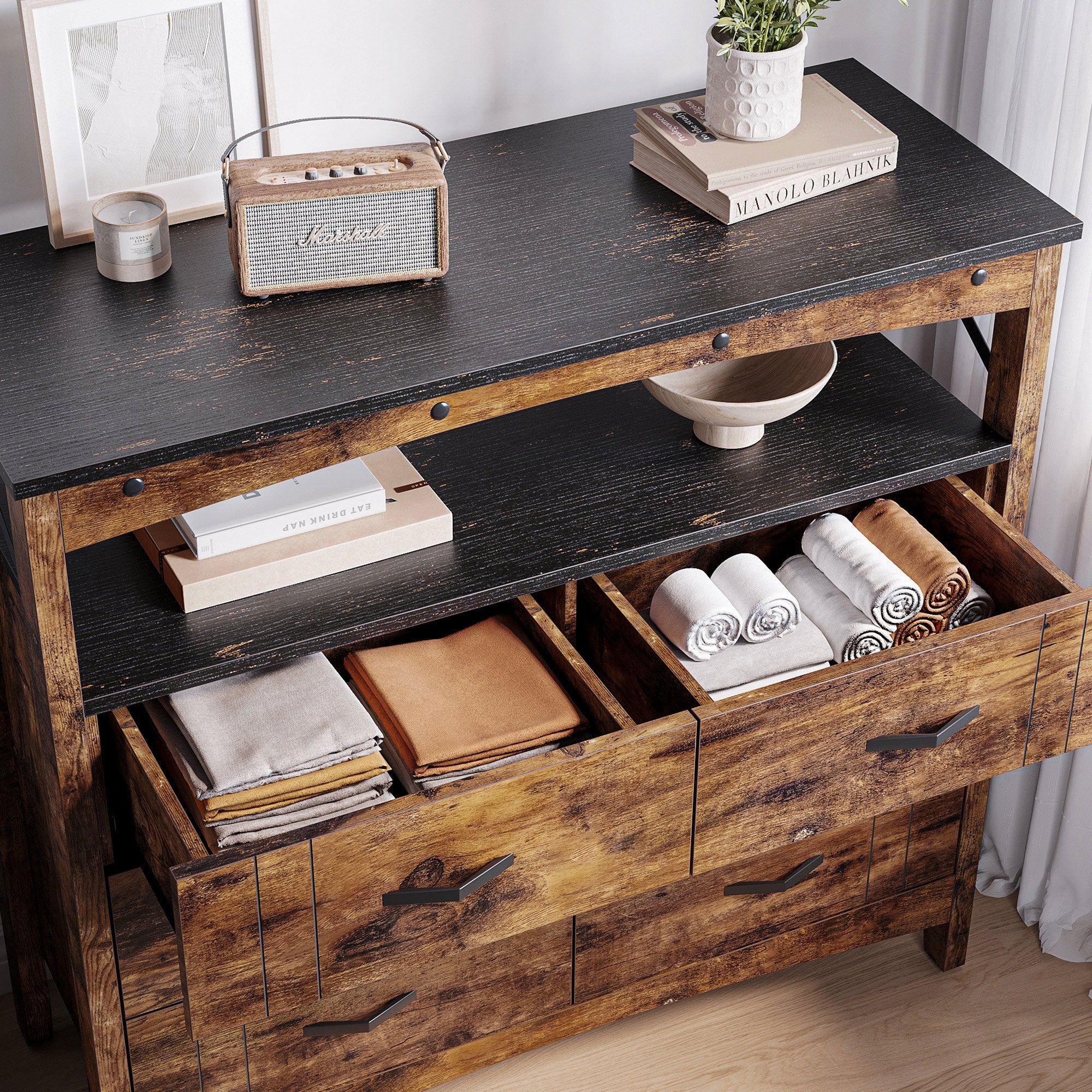 Bestier Buffet Hallway & Living Room Storage Cabinet w/6 Drawers, Rustic Brown