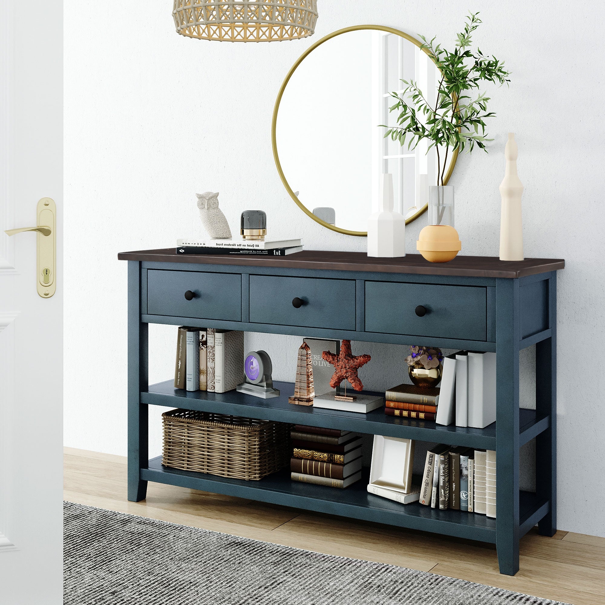 Navy 3-drawer Entryway Console Table with 2-Tier Open Shelves