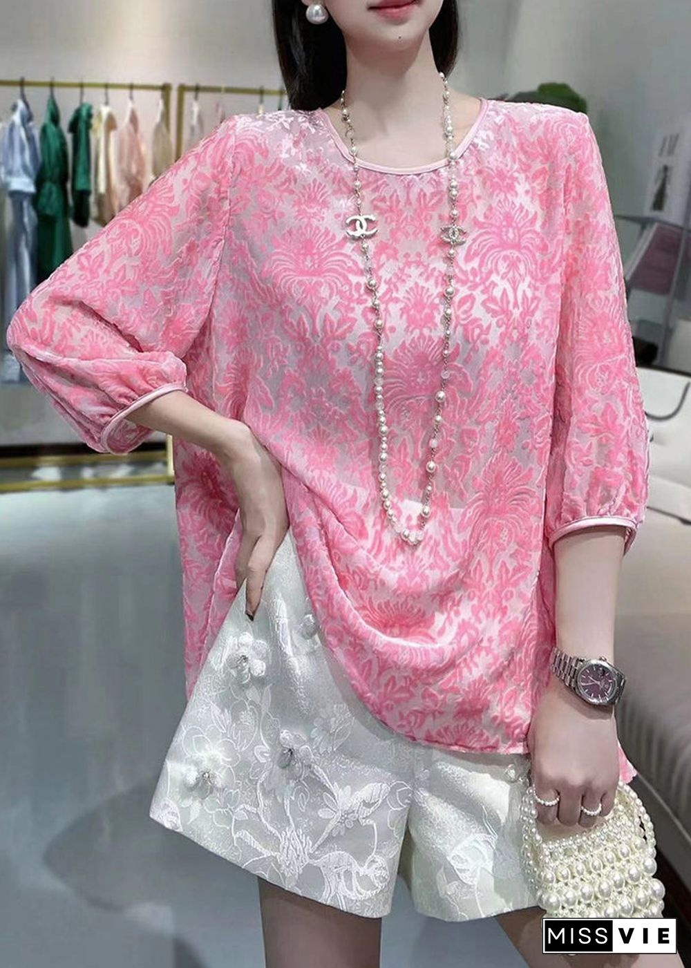 Cute Pink O-Neck Silk Velour Patchwork Chiffon T Shirt Fall