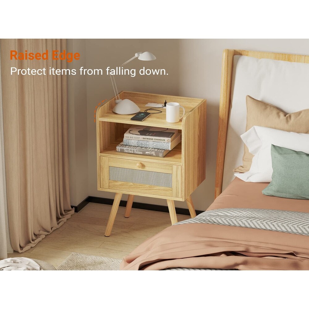 Nightstand with Charging Station   Rattan Like Decor Drawer  Rattan End Table with Solid Wood Feet  Bed Side Table