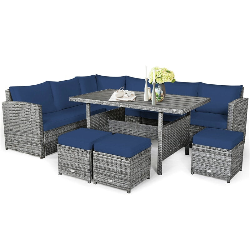 7 Pcs Rattan Patio Dining Furniture Sectional Sofa Set with Dining Table, Ottomans & Cushions