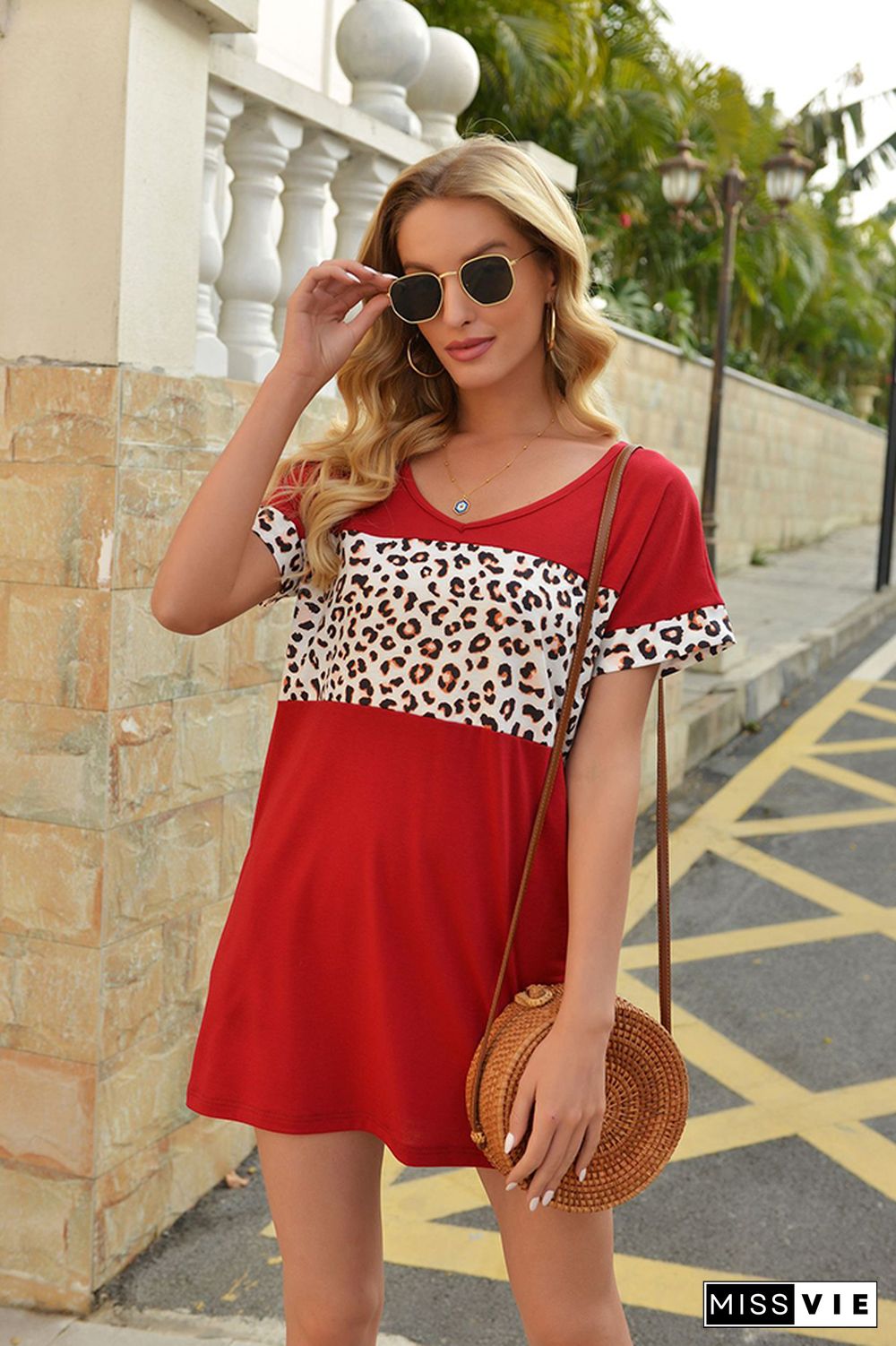 Red Leopard Patchwork V-Neck Short Sleeve Dress with Pockets