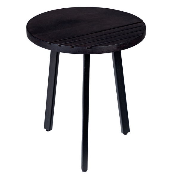 18 Inch Round Mango Wood Side End Table， Grooved Design， Metal Legs， Black