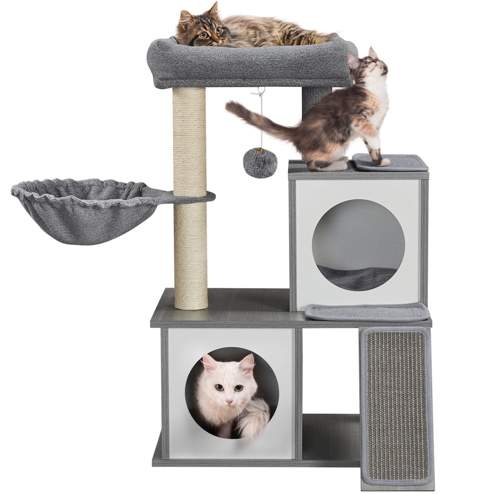 SMILE MART Multilevel Cat Tree Wooden Activity Tower with Two Condos Perch Scratching Posts Basket， Light Gray